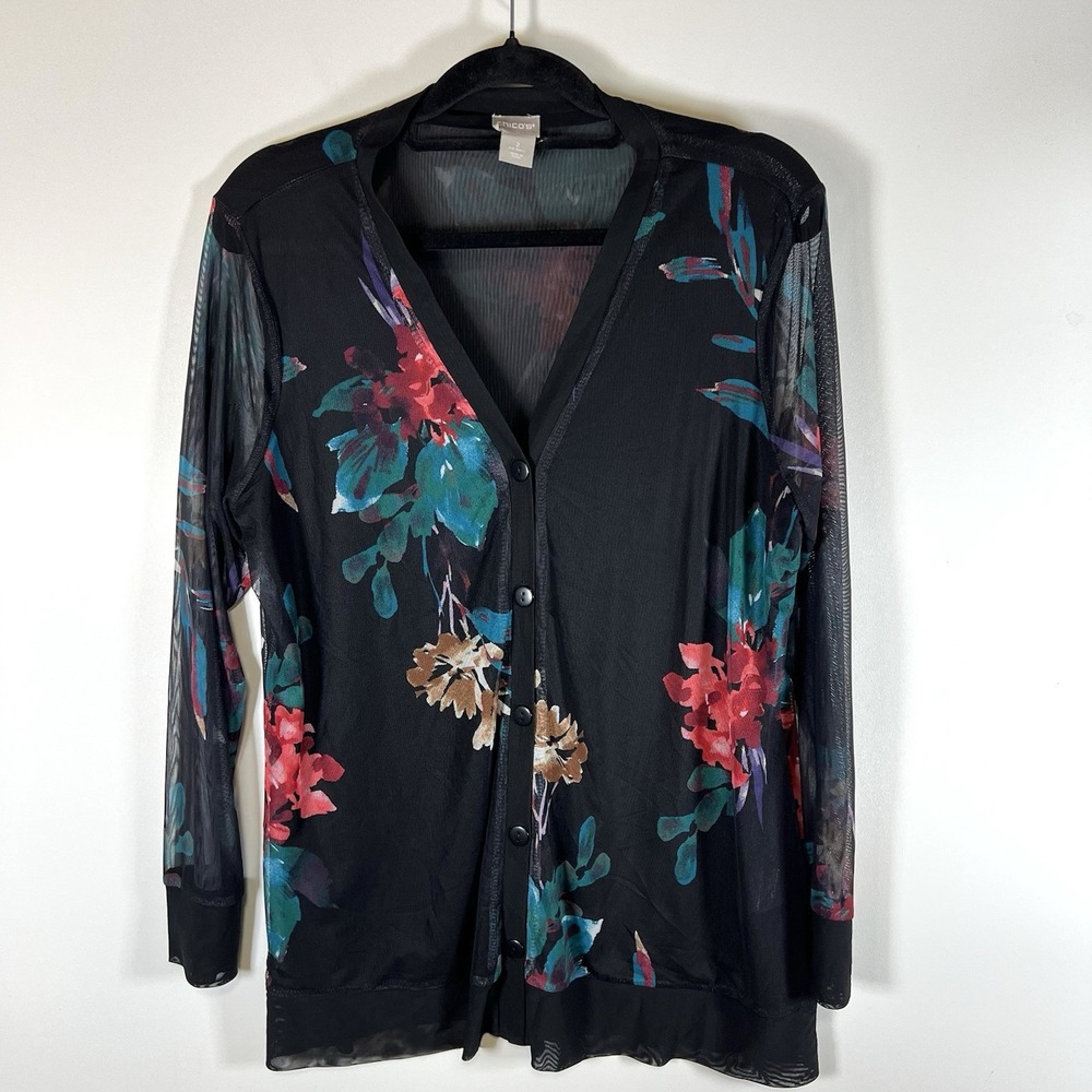 Chico's Semi Sheer Shirt Sweater Black 2/XL Button Up‎ Lined Floral Colorful